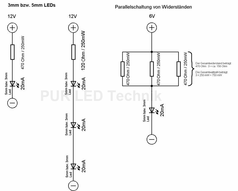 Foto einer Reihenschaltung und Parallelschaltung von 5mm LEDs